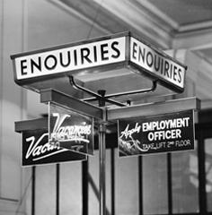 GPO [General Post Office] vacancy sign, main hall, 1956.