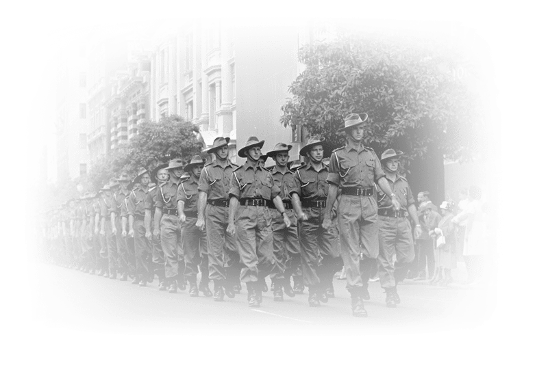 A photograph of an Anzac Day march, Saint George's terrace in Perth.
