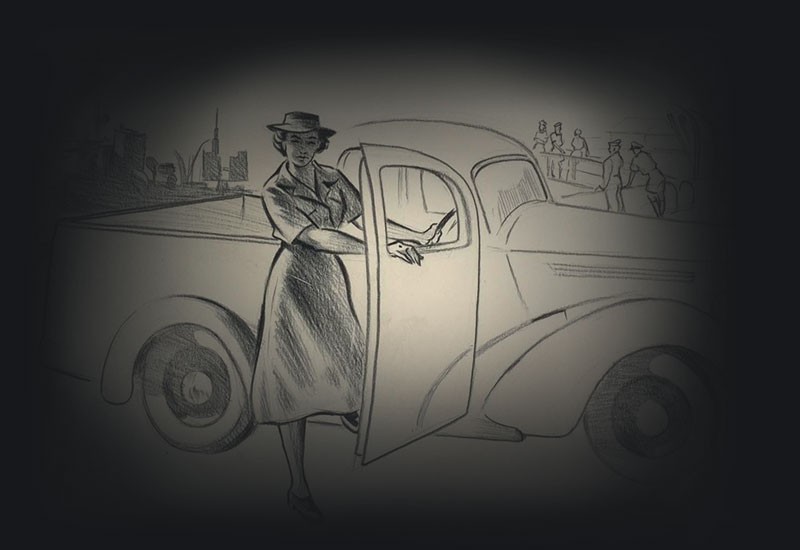 Pencil drawing: WRAN driver standing beside her utility vehicle [ute].