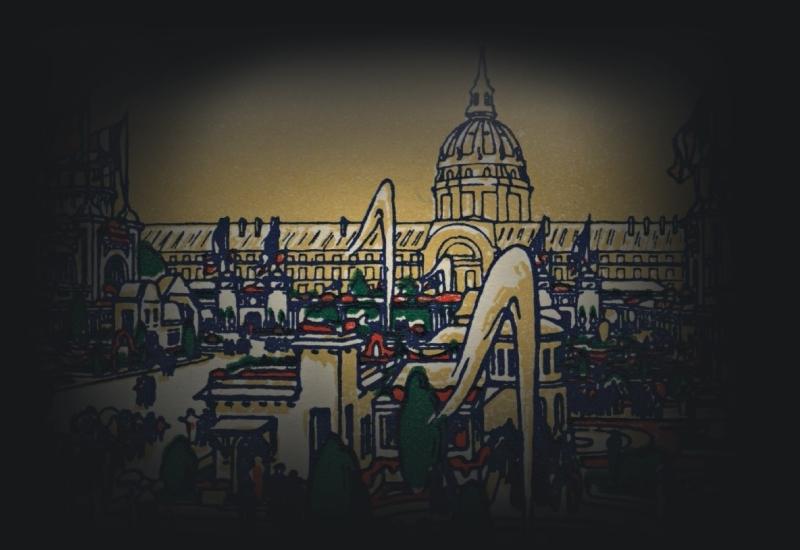 Colour illustration of buildings in Paris. 