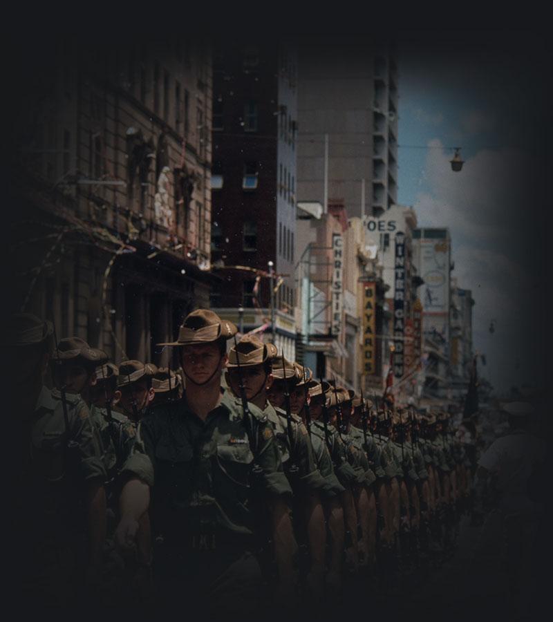 Australian troops returned from Vietnam marching in Brisbane.