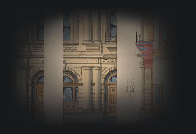 coloured drawing of building elevation detail.