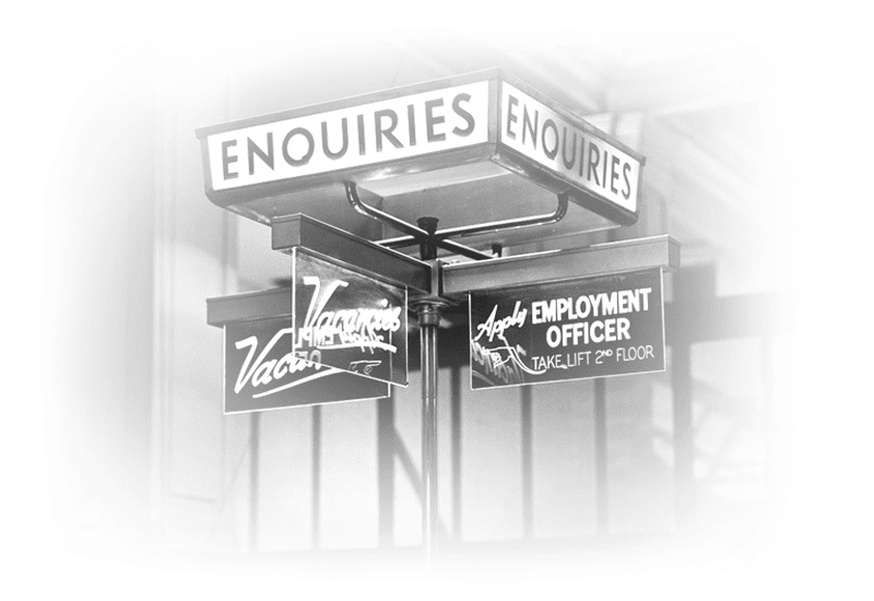 GPO [General Post Office] vacancy sign, main hall, 1956.