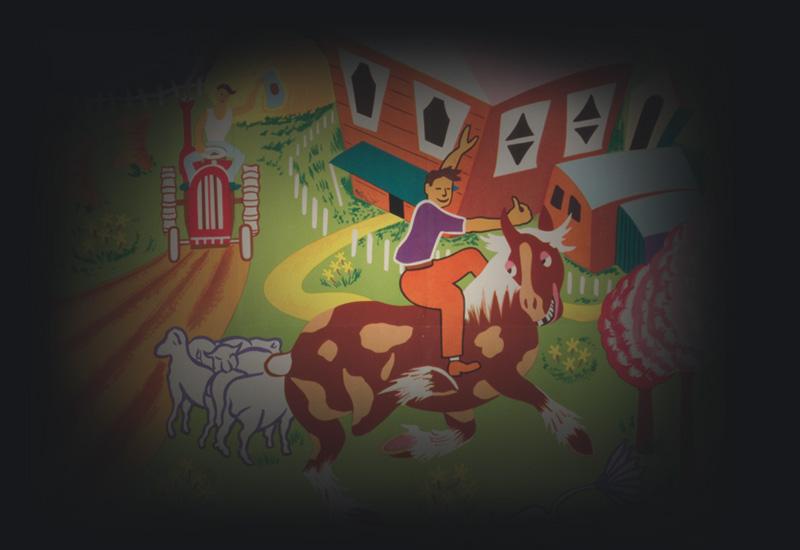 Colourful stylised image of a rider on a horse. 