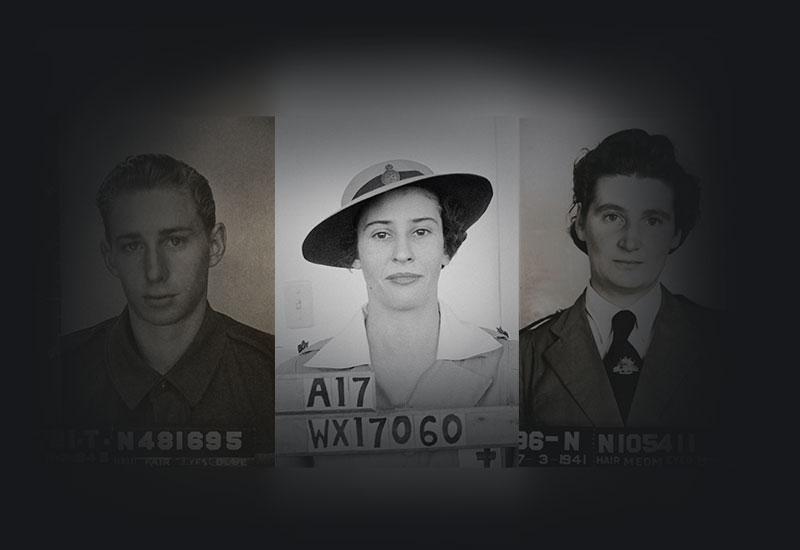 3 service record identity photos of a man and 2 women.