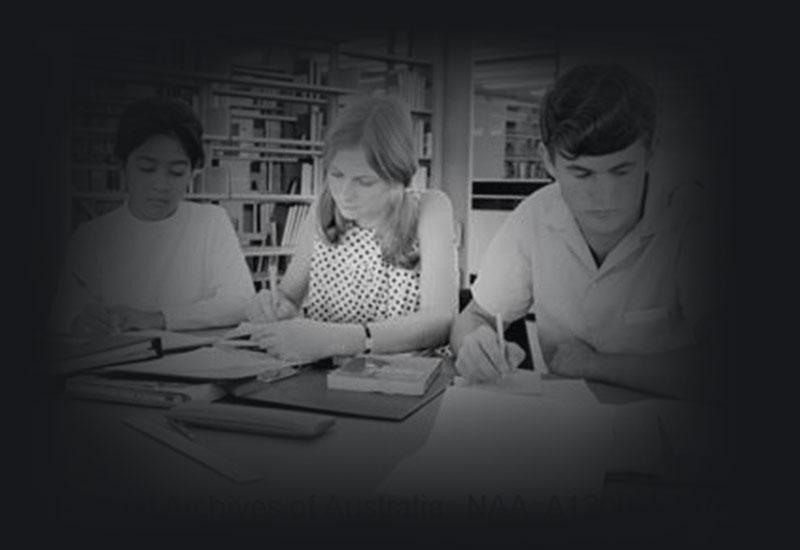 Students studying in the library of the Australian National University, Canberra, 1968.