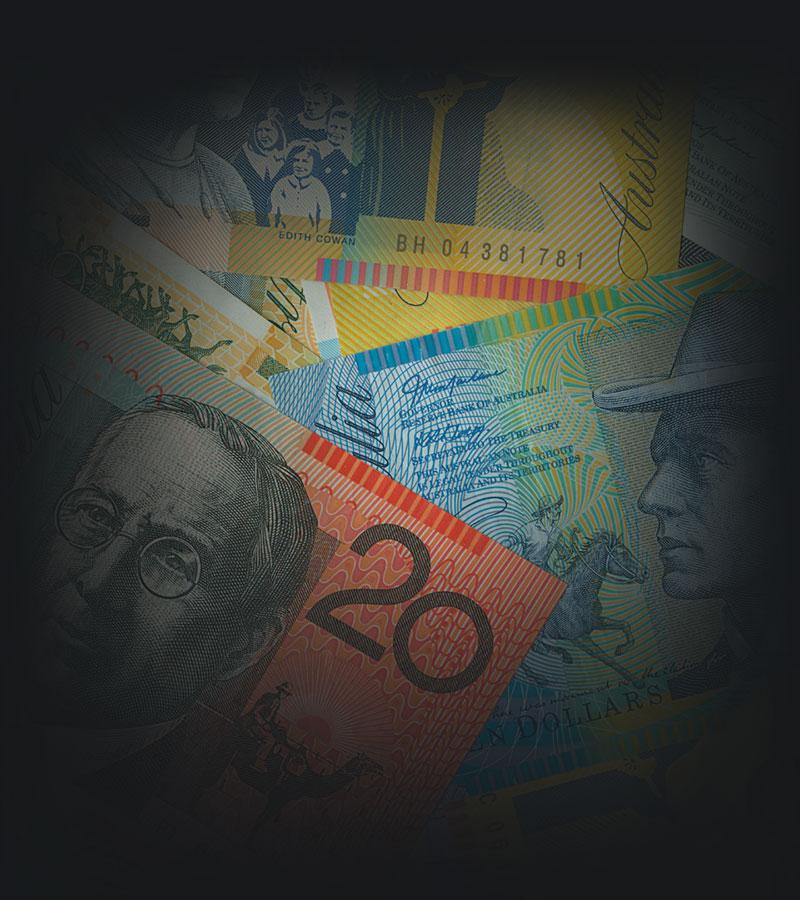 A selection of Australian paper money notes.