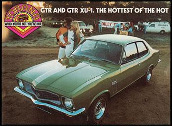 Colour brochure: GTR and GTR XU1, The hottest of the hot. A man and woman stand beside a green Holden Torana.