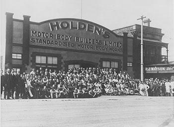 Workers assembled outside Holden's motor body builders limited.