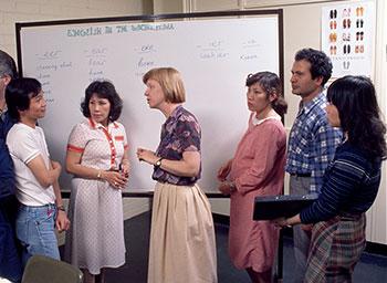 Holden workers attending a class for  'English in the workshop'.