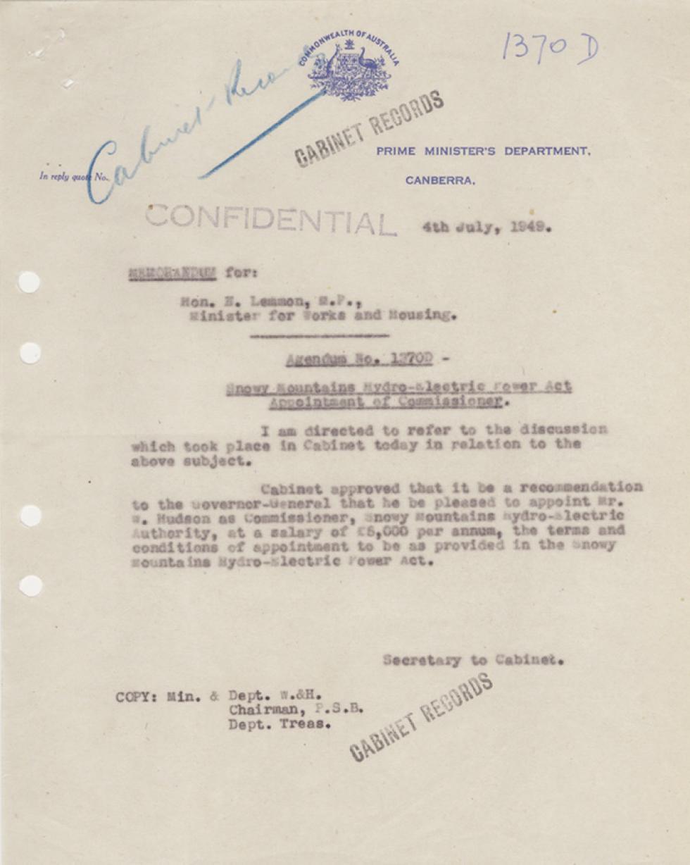 Page from a paper file showing William Hudson appointed commissioner, 1949