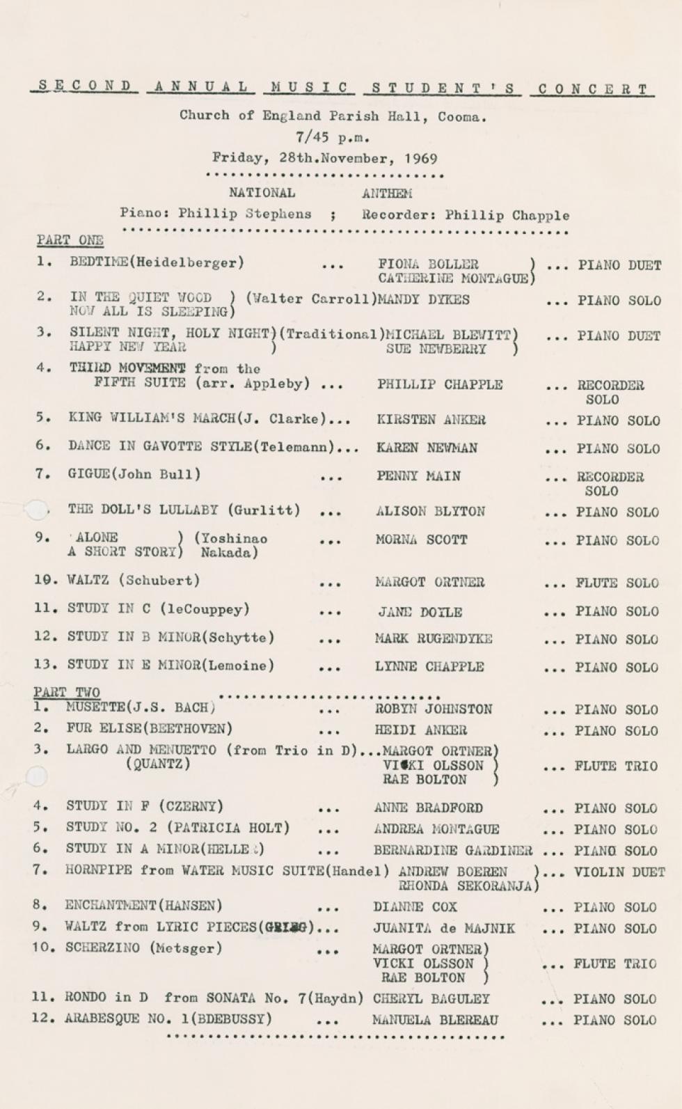 photograph of a program for a concert by Marretje van Wezel's students, 1969