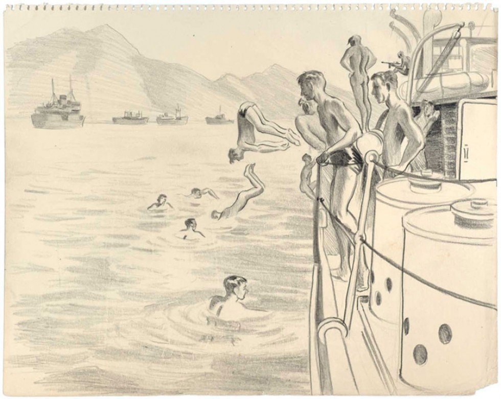 Pencil drawing: sailors swimming and diving from a ship.