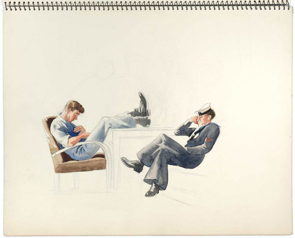 Pencil drawing with water colour: Two sailors asleep in chairs.