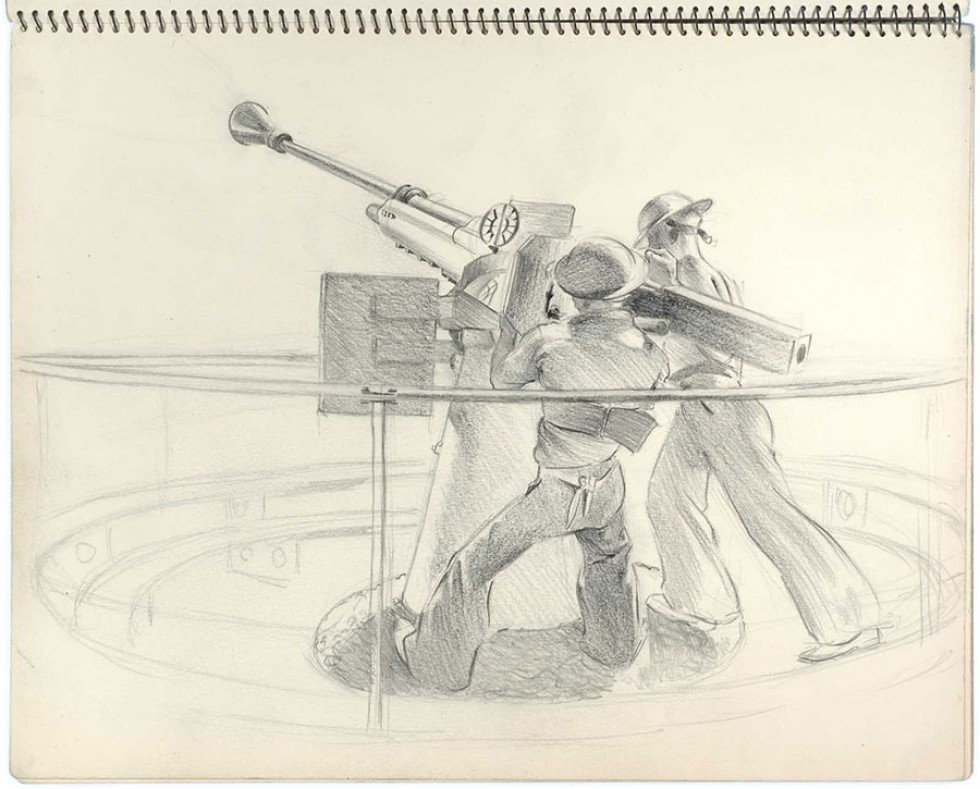 Pencil drawing: Two sailors operating an anti-aircraft gun.
