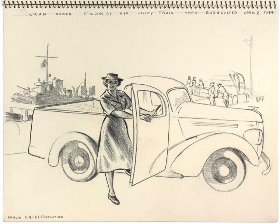 Pencil drawing: WRAN driver standing beside her utility vehicle [ute].