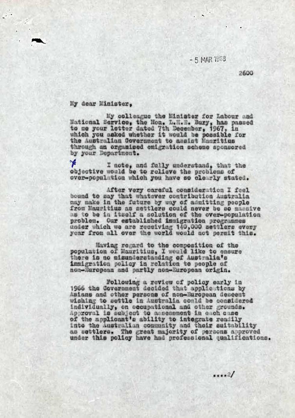 Letter discounting an 'organised emigration scheme for Mauritians'.