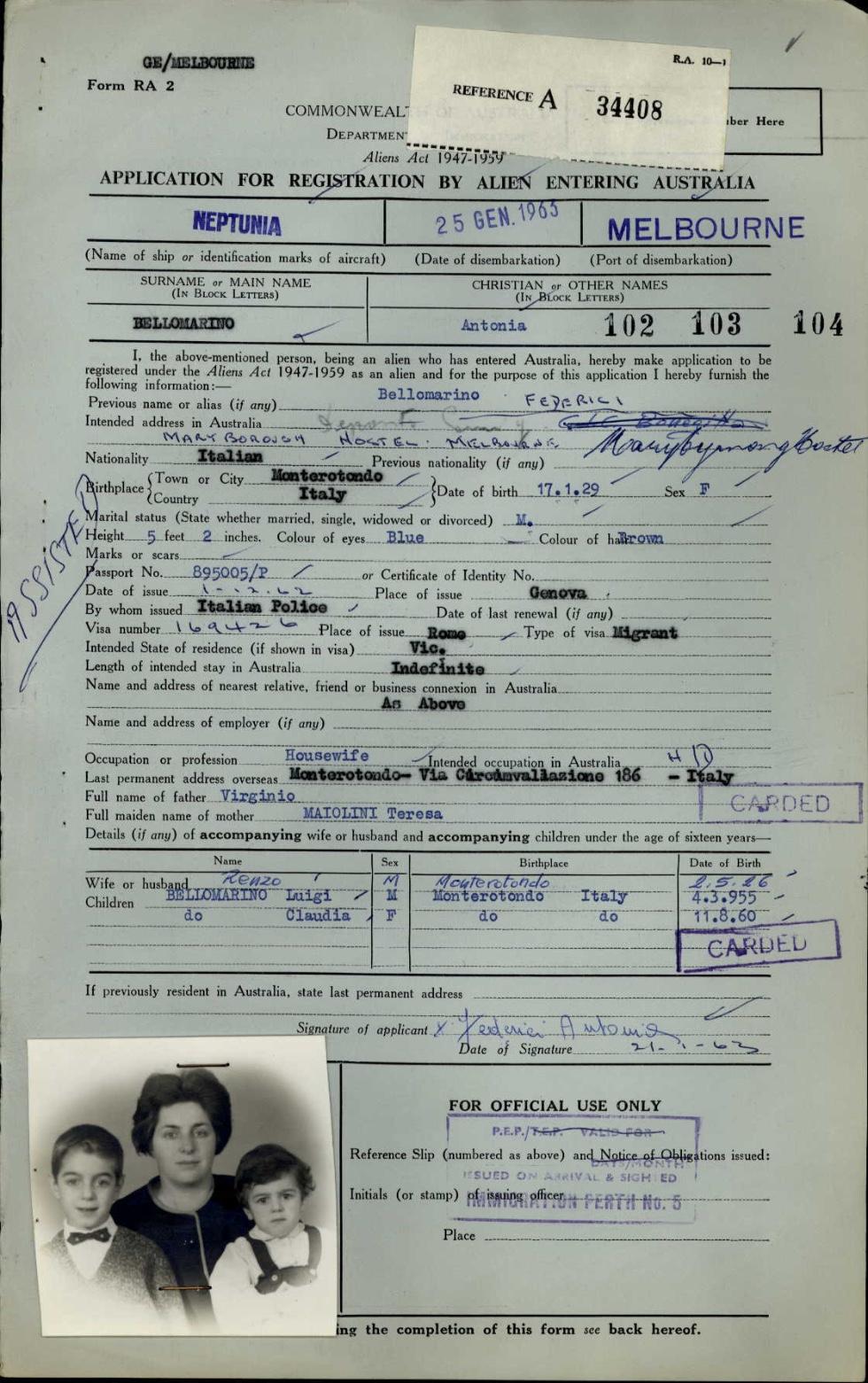 Grey document: Alien Registration Form with portrait of Antonia Bellomarino and two children.