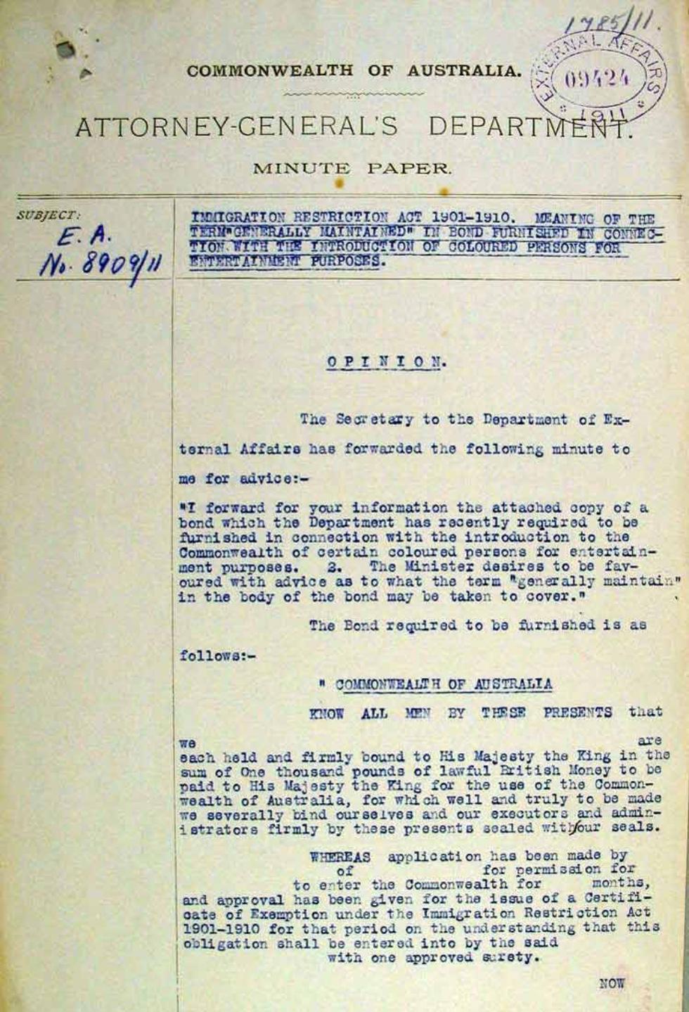Minute paper, Attorney General's Department.