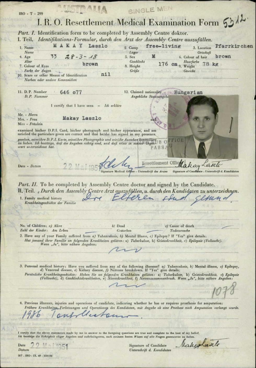 Unhcr Refugee Resettlement Application Form International Refugee Organisation Resettlement Form for Laszlo Makay