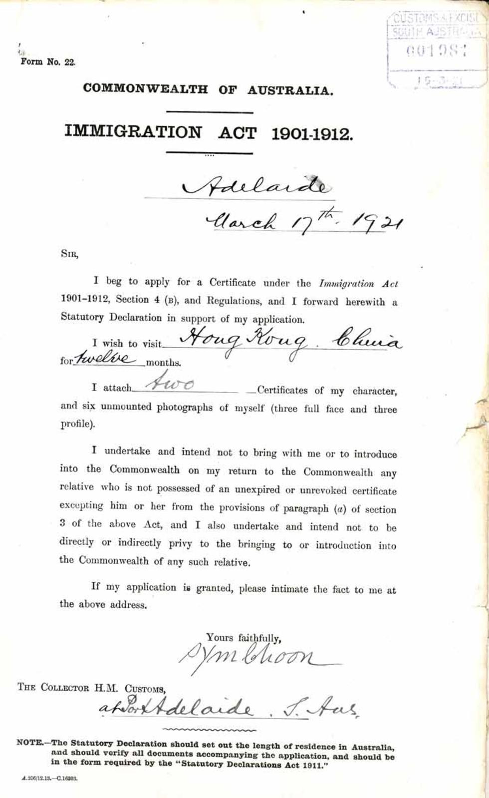 Application by Sym Choon for a certificate under the Immigration Restriction Act