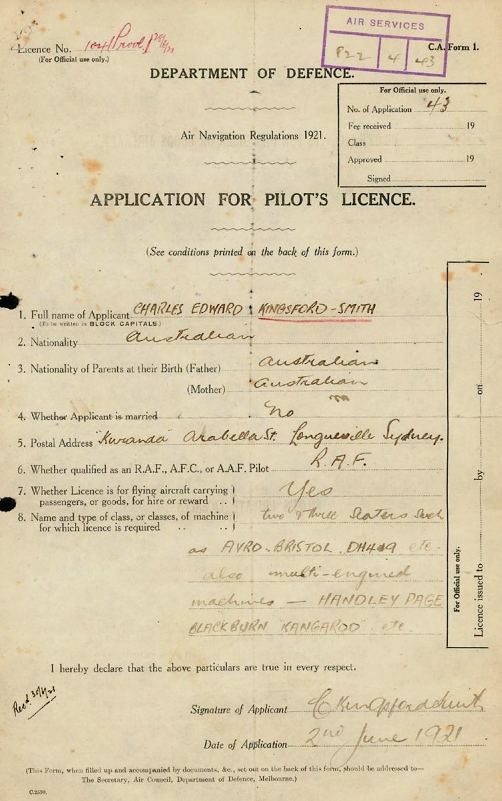 Charles Kingsford Smith's application for a pilot's licence naa.gov.au