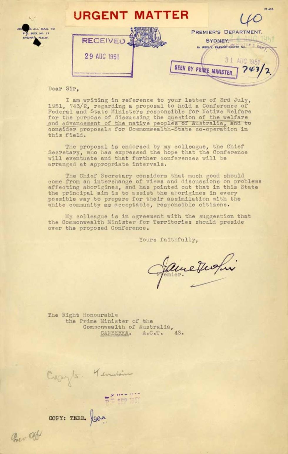 Letter from NSW Premier to the prime minister endorsing proposed