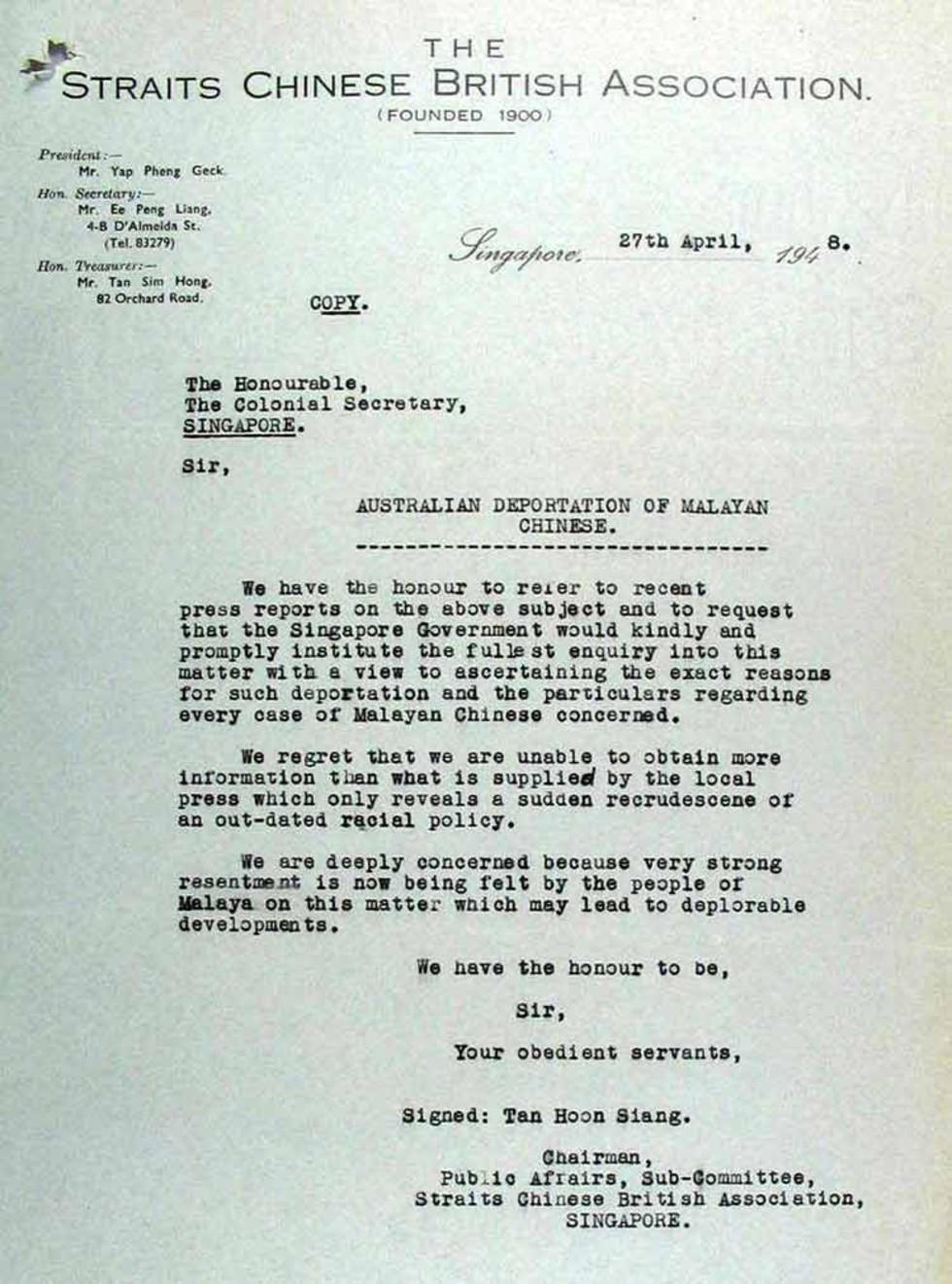 Letter to the Colonial Secretary, Singapore