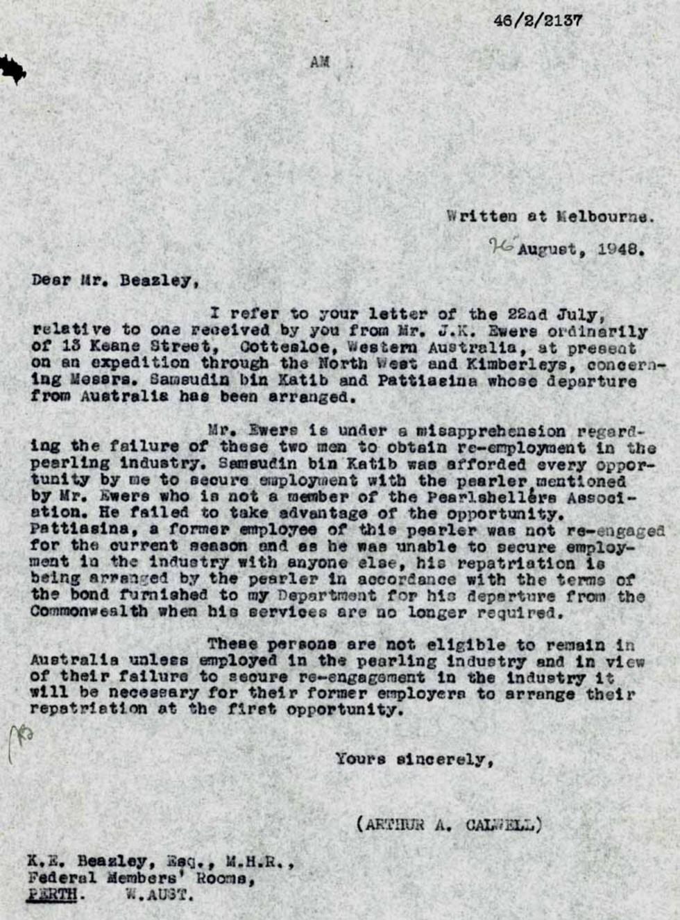 Copy of a letter to Kim Beazley