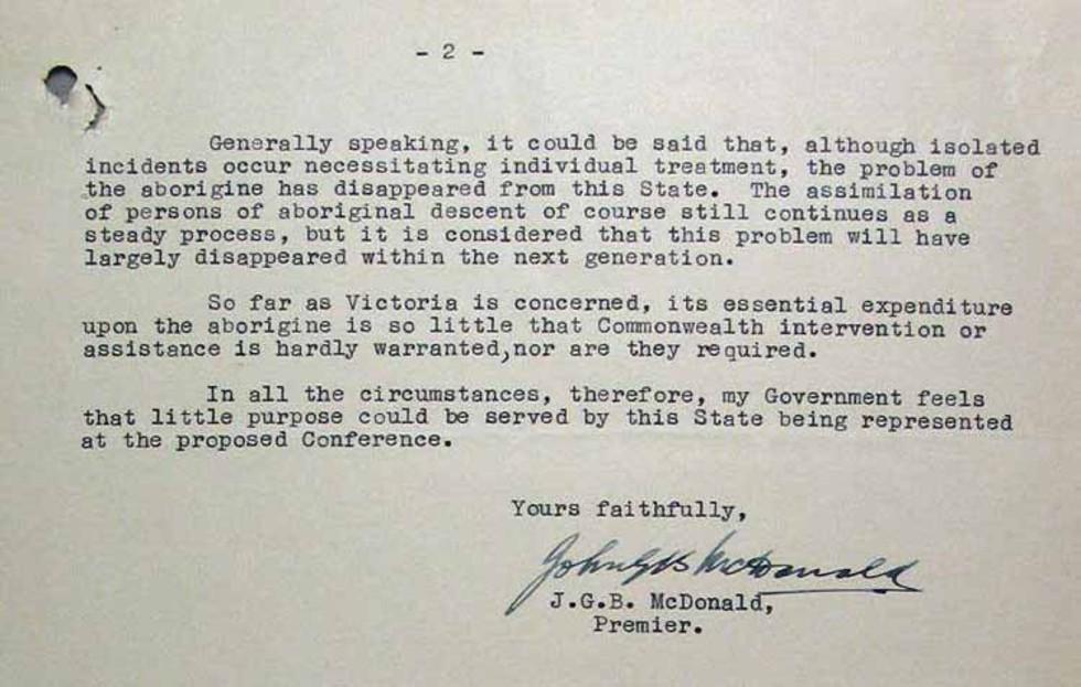 Reply to Prime Minister Robert Menzies' invitation to a conference on 'native welfare'