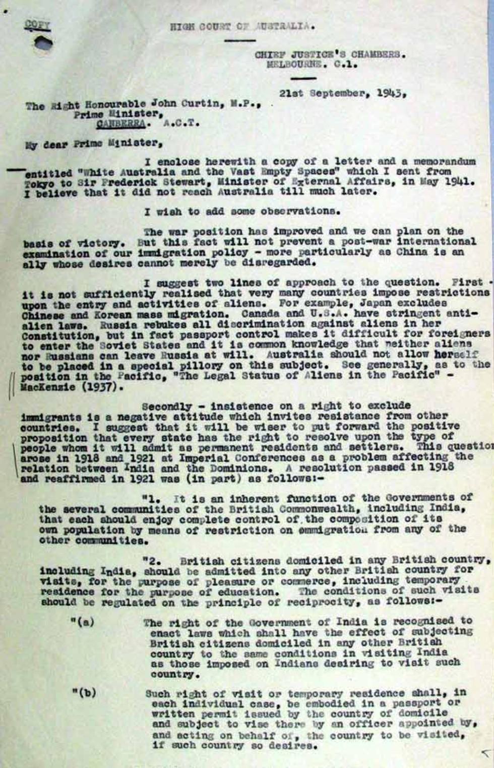 Letter to Prime Minister John Curtin