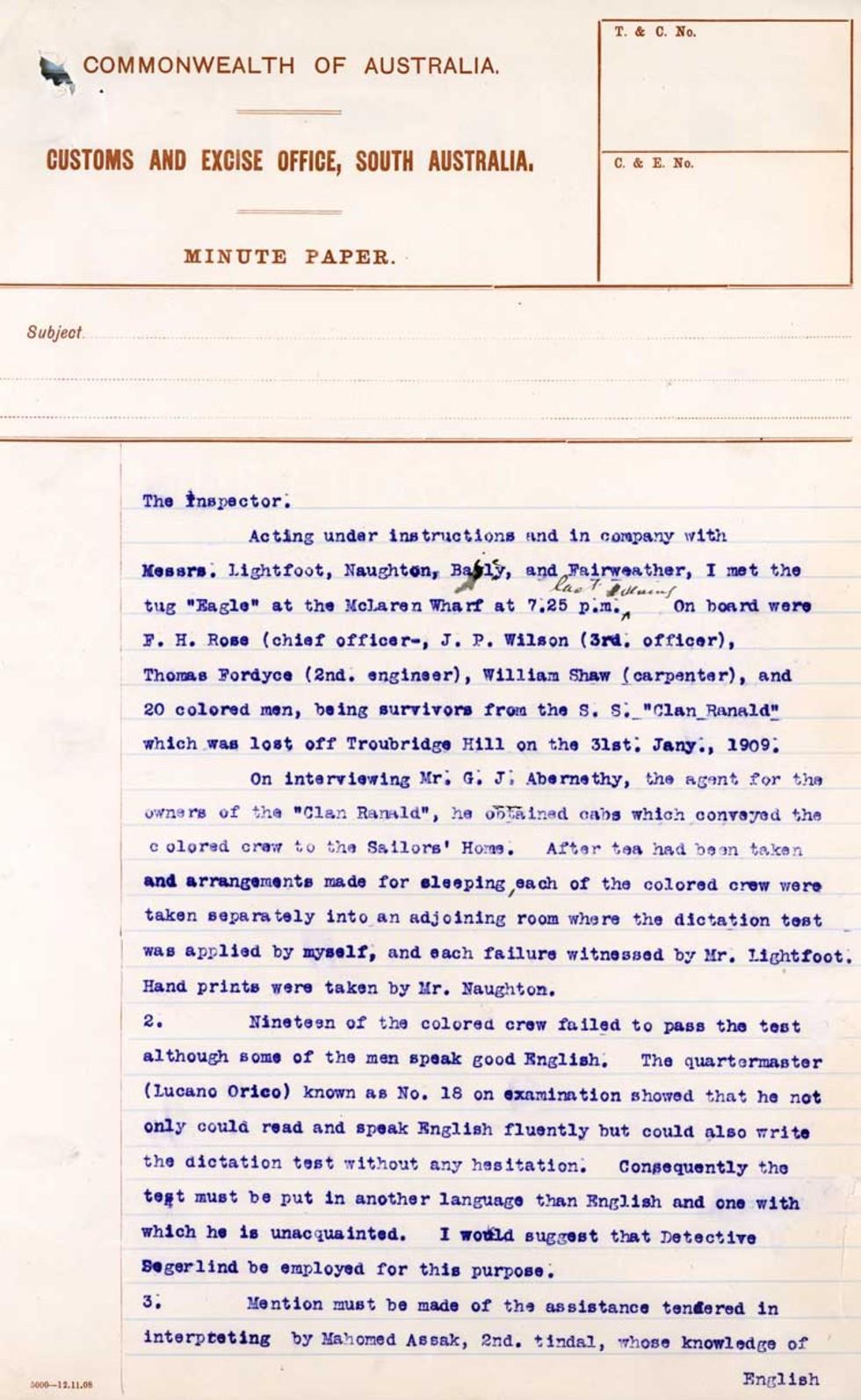Minute to the Inspector about accommodation, dictation tests and bonds, with annotation