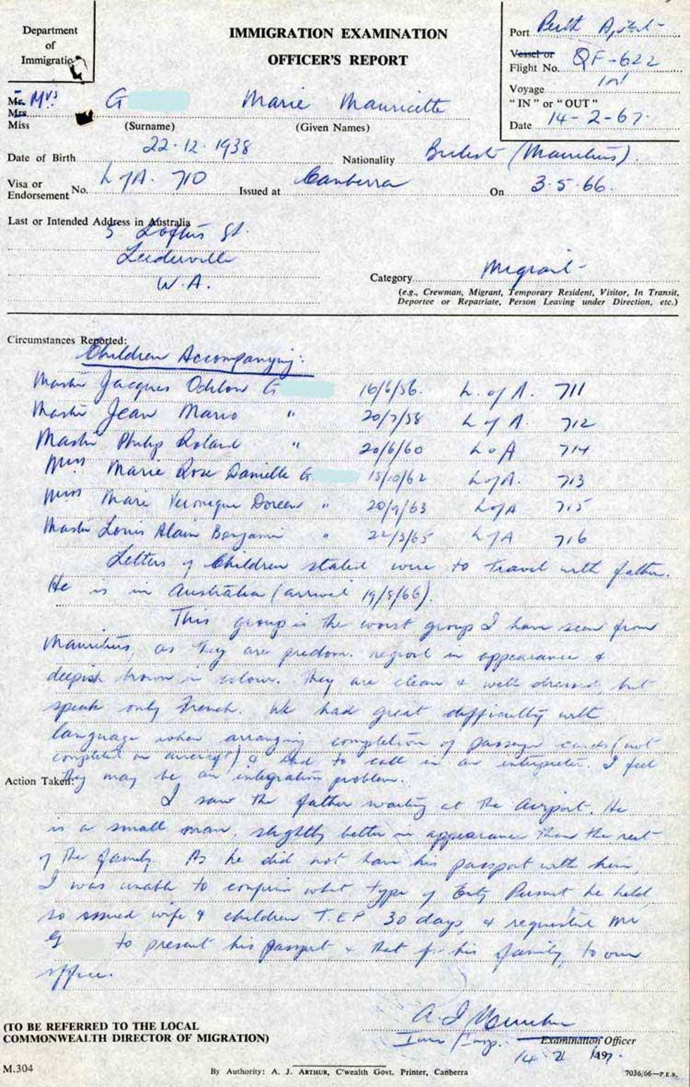 Report on a Mauritian mother and children arriving in Perth