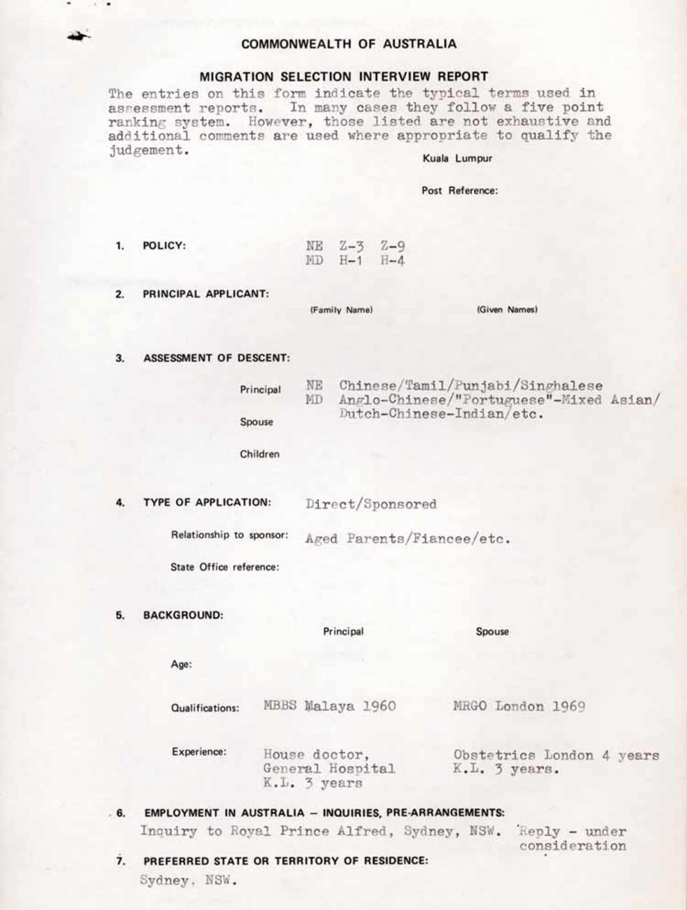 Form used in Kuala Lumpur, Malaysia, with sample content entered