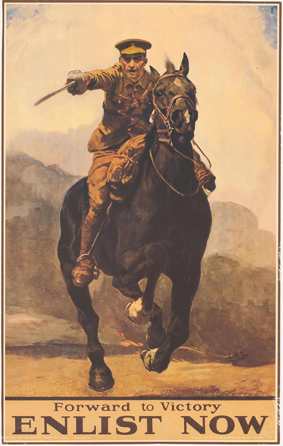 A British recruitment poster 'Forward to victory. Enlist now'.