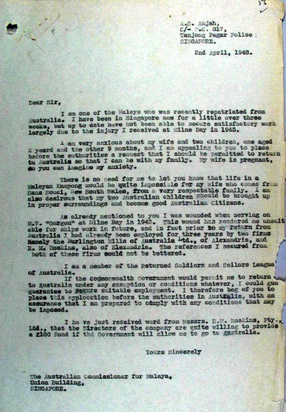 Copy of a letter to the Australian Commissioner for Malaya, Singapore.