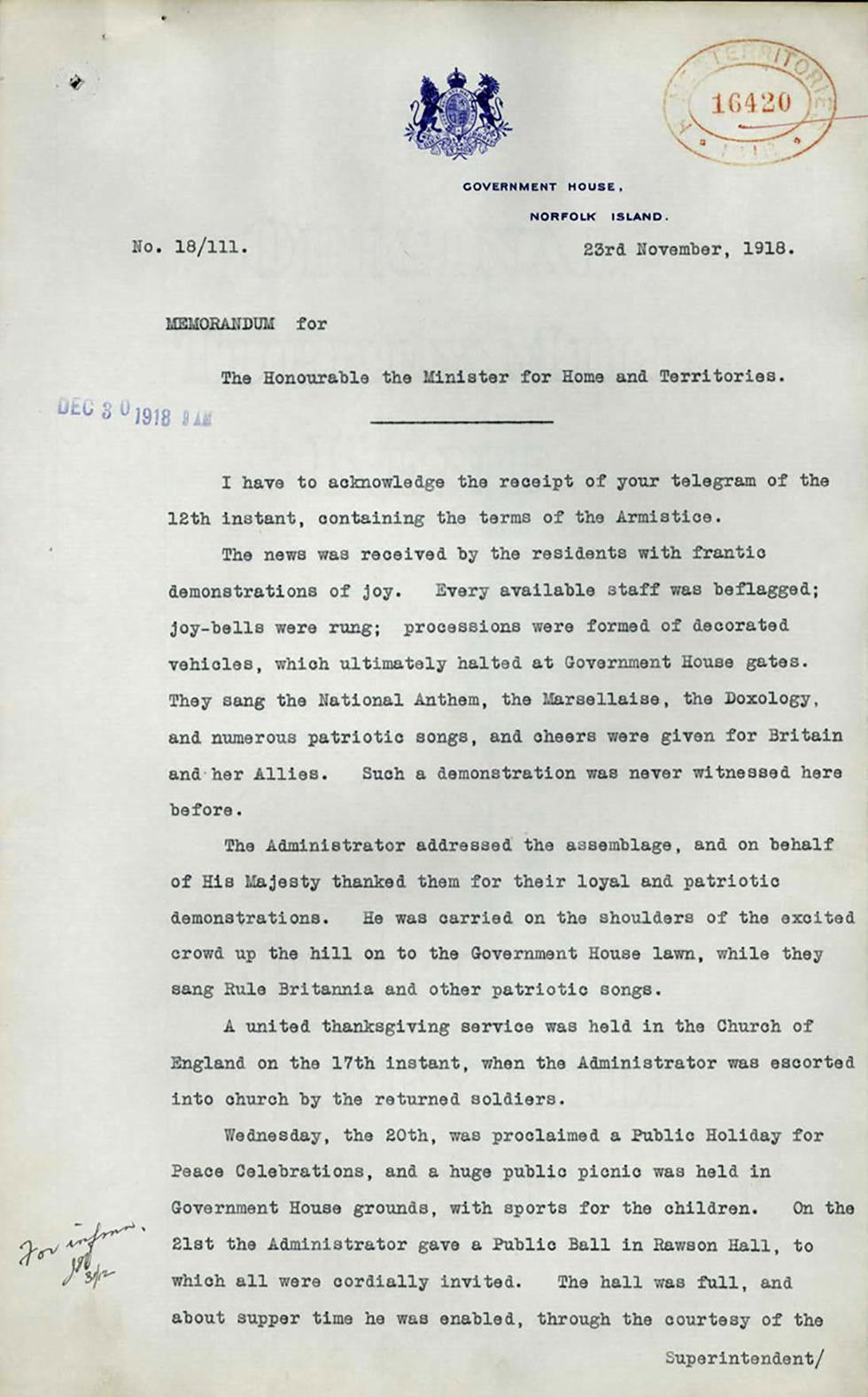 Armistice celebrations on Norfolk Island - letter from Administrator.