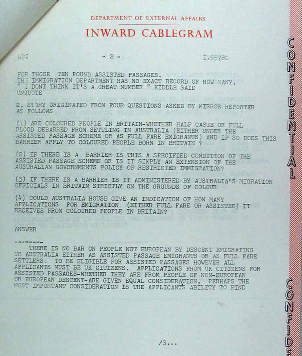 Assisted passage scheme –correspondence from Australian High Commission in London.