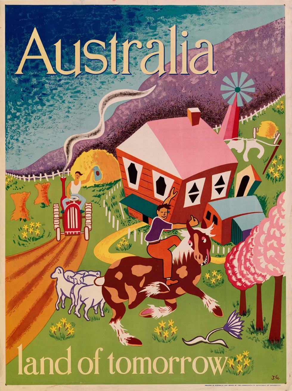 Coloured poster featuring a caricatured rural scene: a person driving a tractor past a farmhouse with windmill and clothesline. Another person riding a smiling horse.