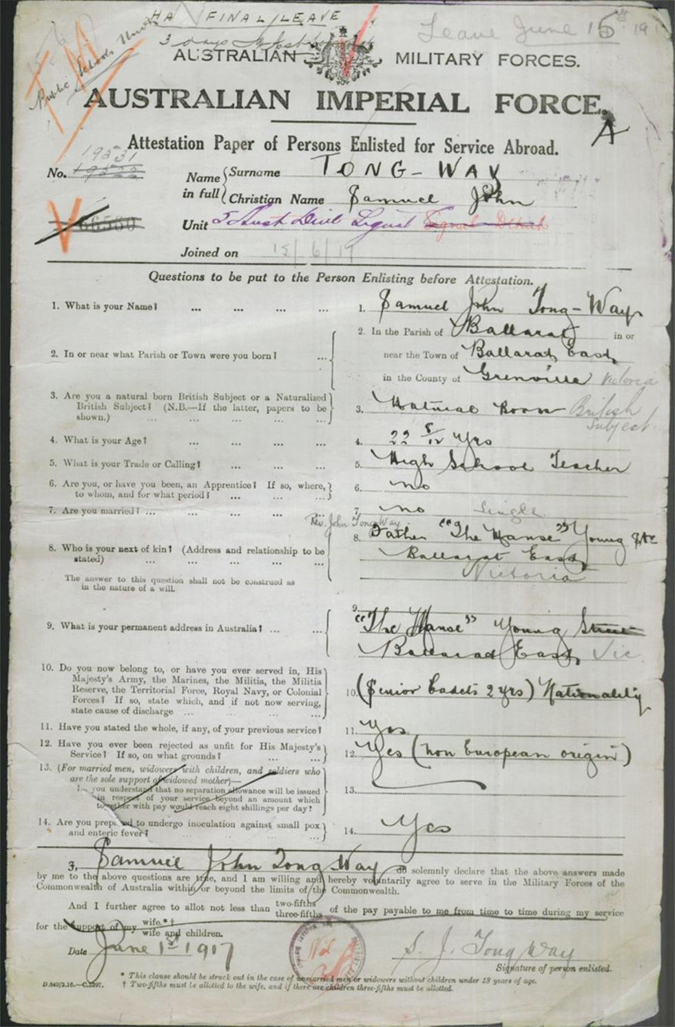 Samuel John Tong Way's World War I attestation paper.