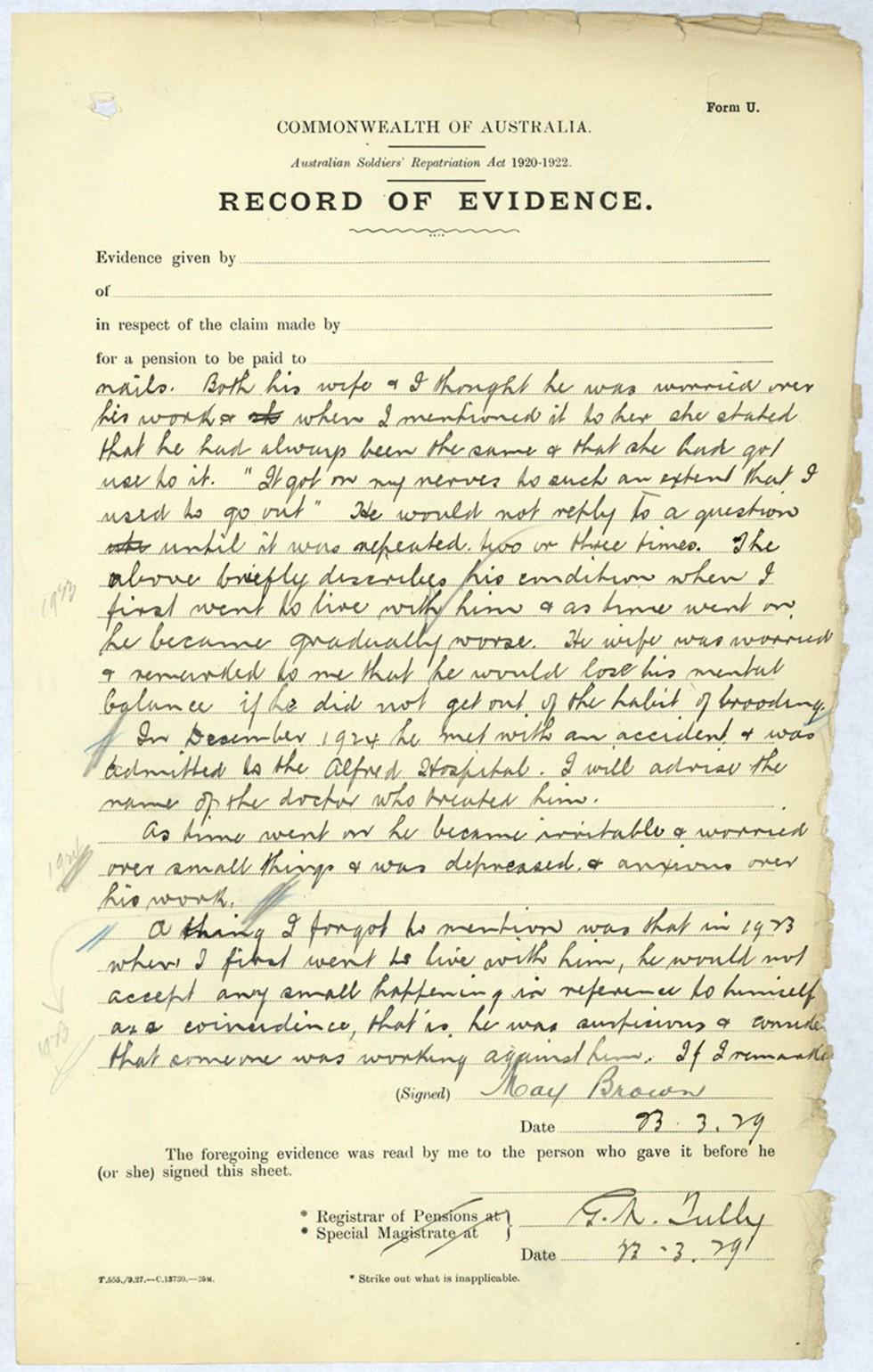 Record of evidence for Repatriation Department, confirming May Brown is caring for her husband, returned soldier.