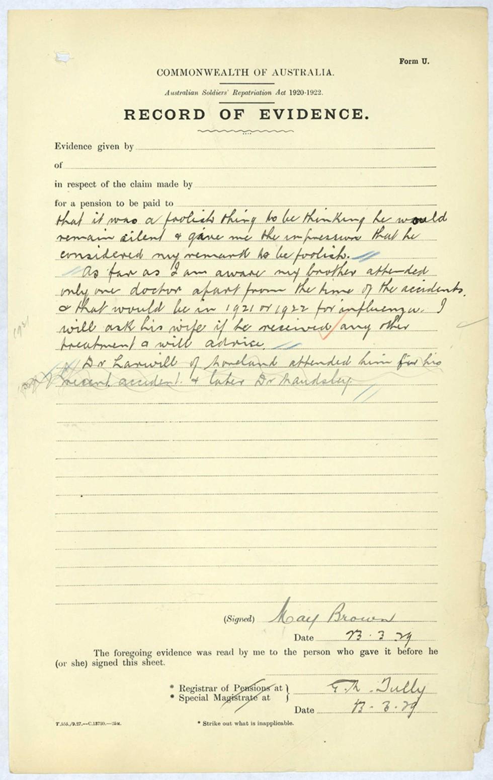 Record of evidence for Repatriation Department, confirming May Brown is caring for her husband, returned soldier.
