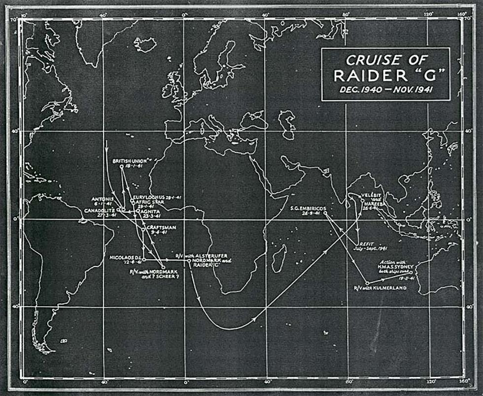 A nautical chart showing the route of the German auxiliary cruiser Kormoran.