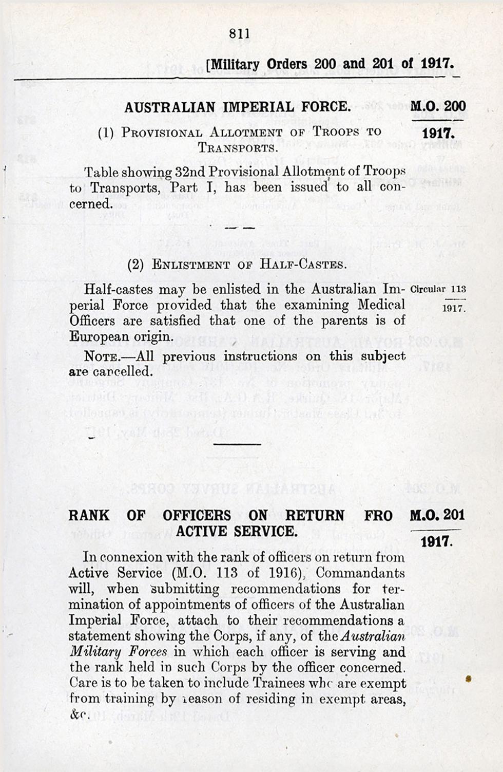 A change to the Defence Act 1909 so that 'half-castes' can enlist.