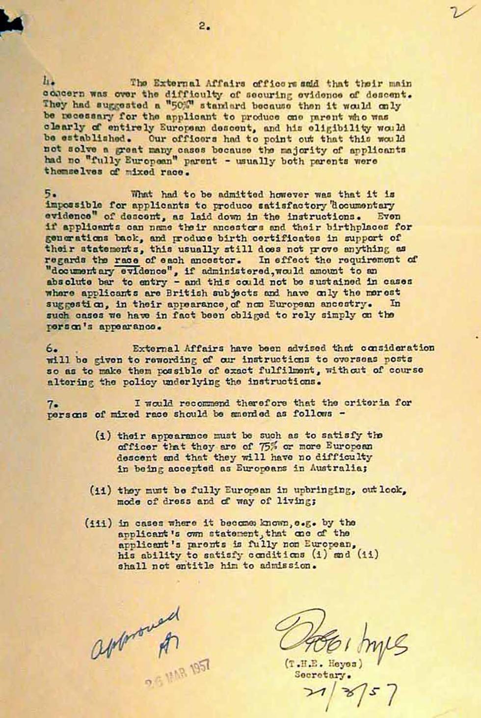 Descent requirements for non-European migrants - memorandum to Minister for Immigration.