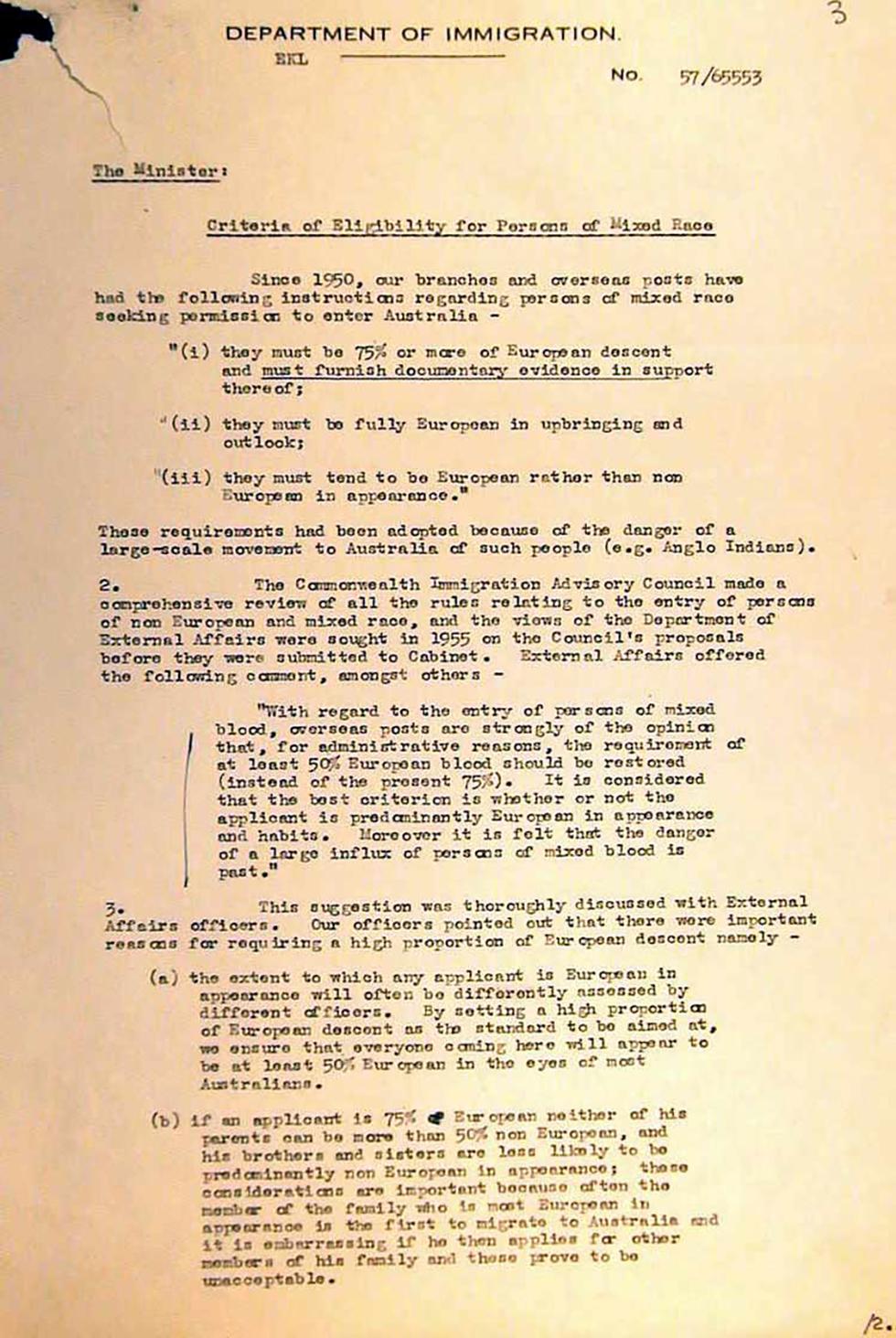 Descent requirements for non-European migrants - memorandum to Minister for Immigration.