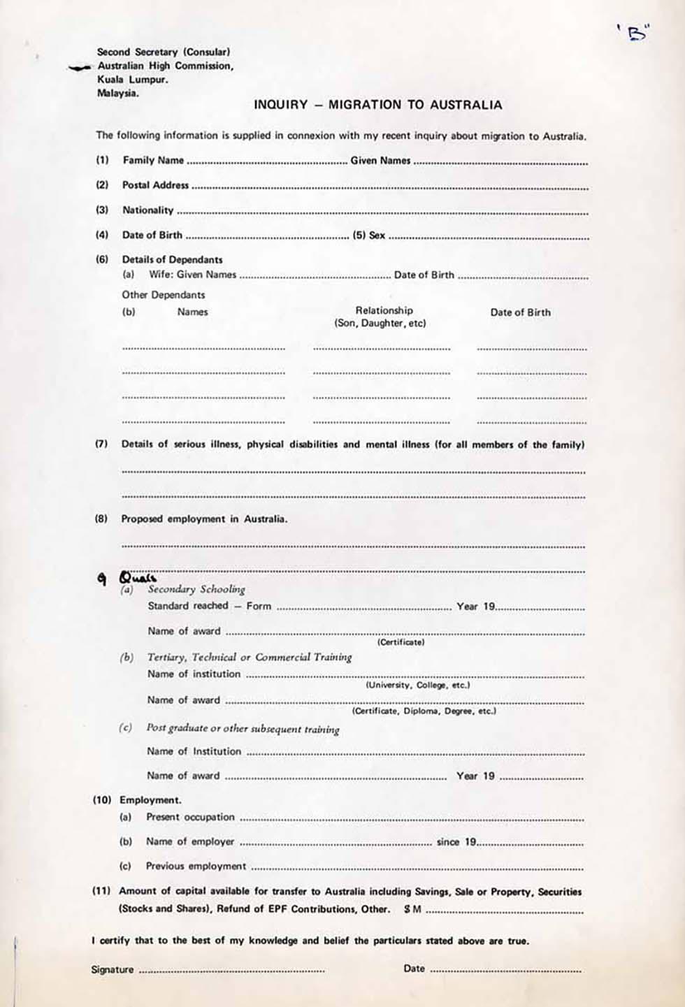 Description of forms and form letters used to process migration applications – for use in Kuala Lumpur.