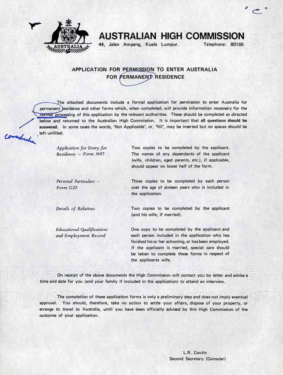 Description of forms and form letters used to process migration applications – for use in Kuala Lumpur.