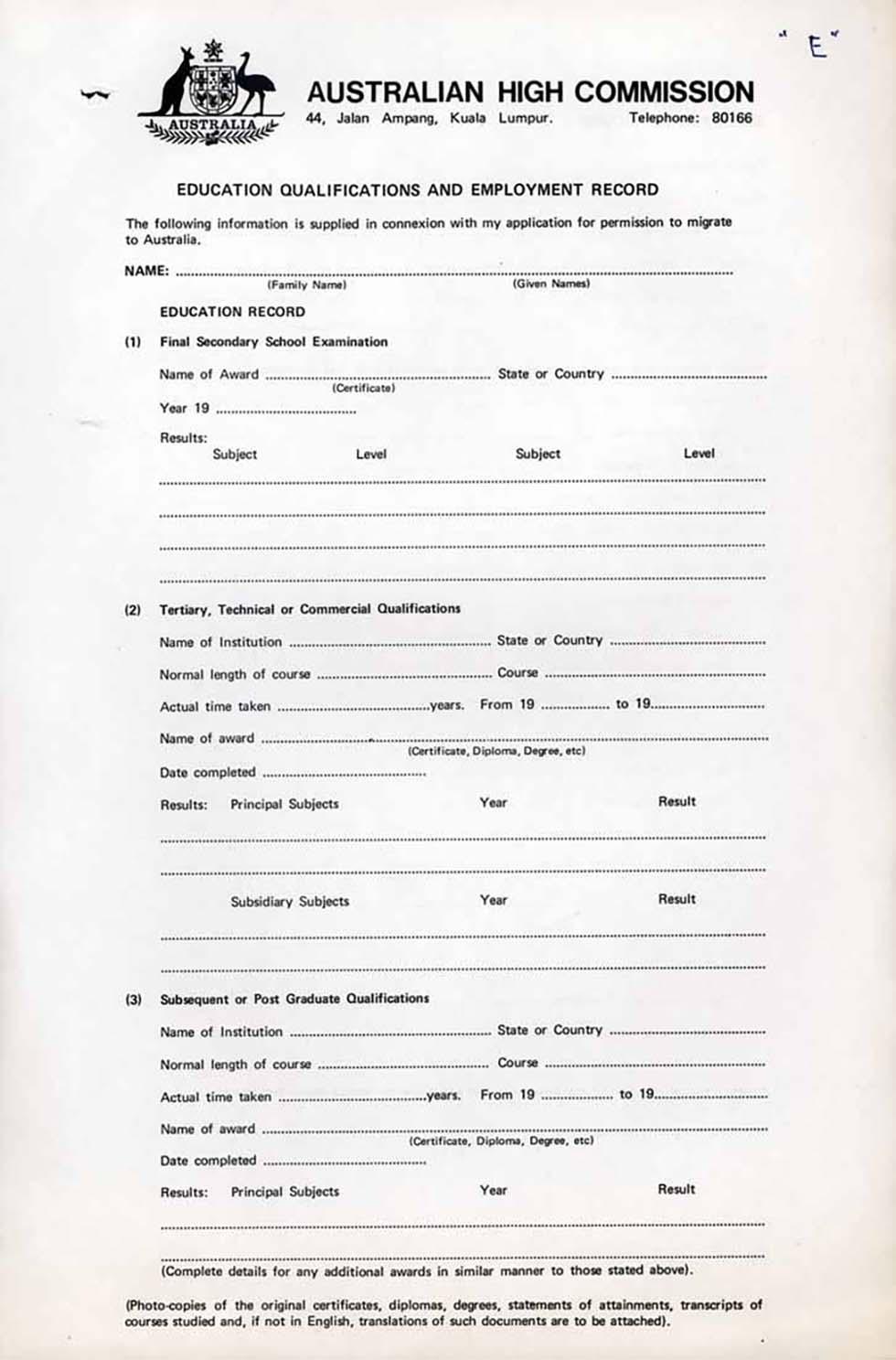 Description of forms and form letters used to process migration applications – for use in Kuala Lumpur.