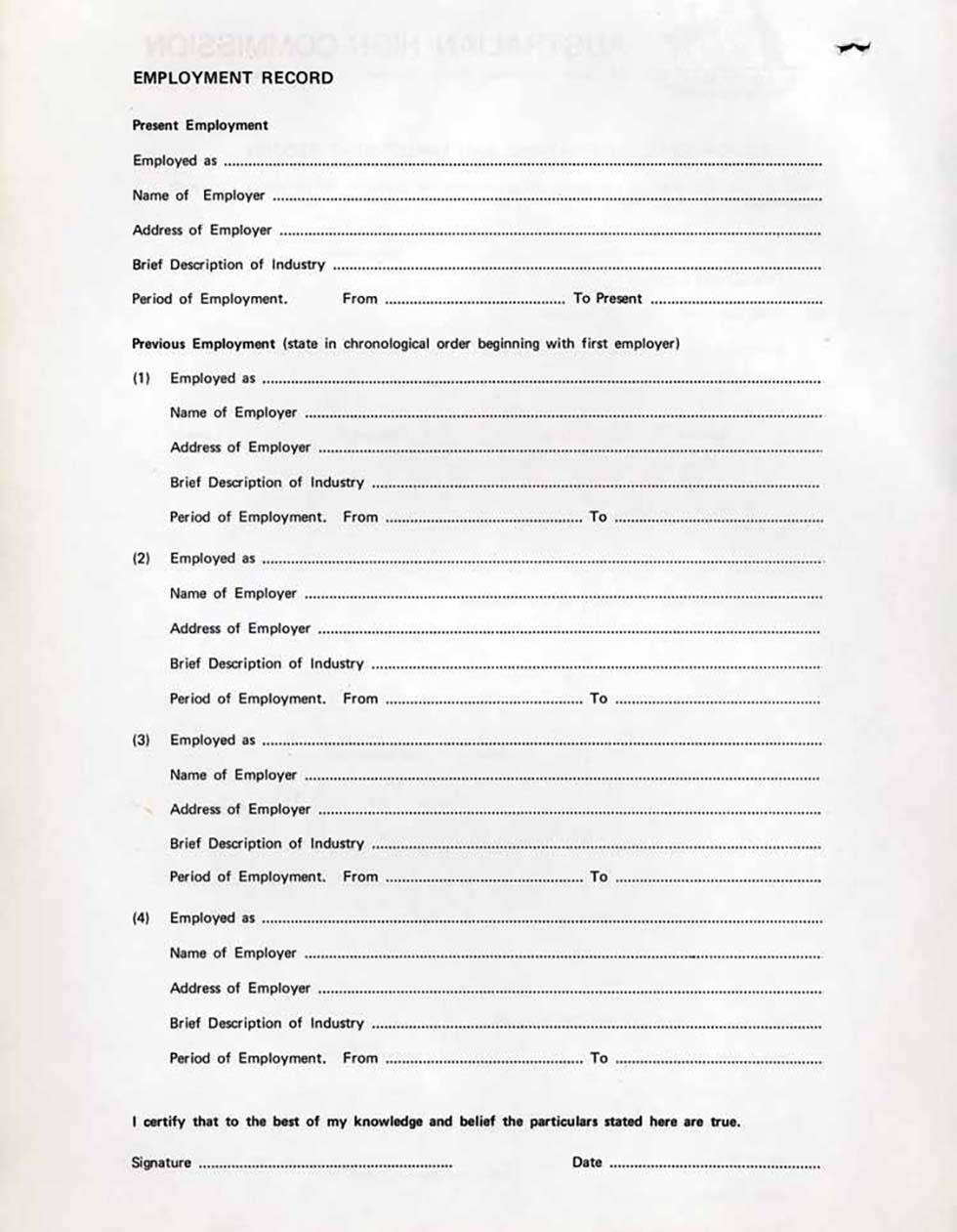 Description of forms and form letters used to process migration applications – for use in Kuala Lumpur.
